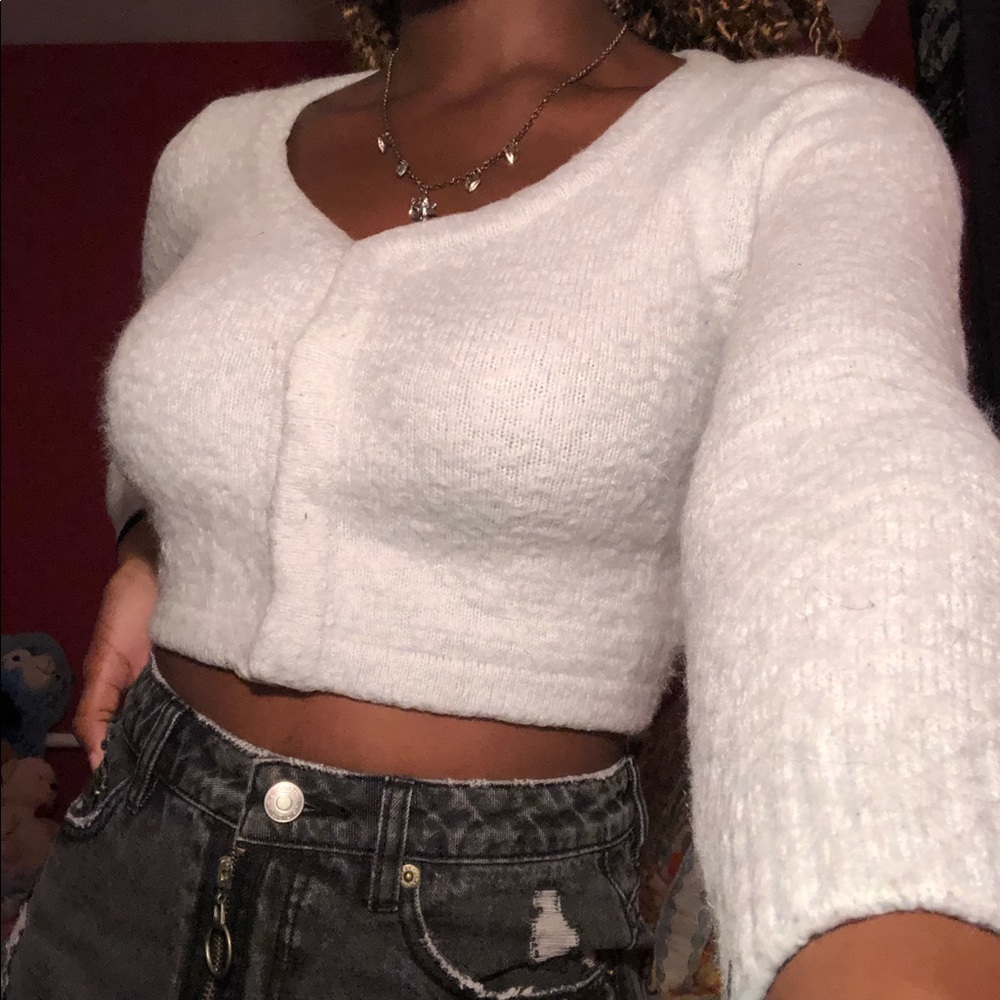Baby Blue Fuzzy Snap Button Up Cropped Sweater💙